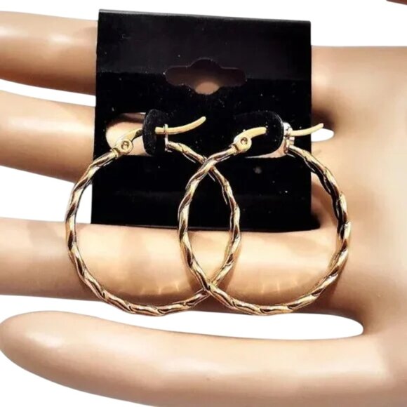 1 1/8 Inch 31mm Braided Hoop Pierced Post Earrings Gold Tone 3mm Wide Band - Picture 1 of 6